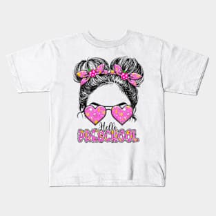 Kids Hello Preschool Messy Bun Girls Pre-k Back To School Kids T-Shirt